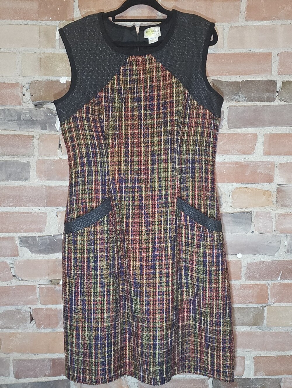 Multicolor Tweed Shift Dress with Black Trim - Mandala Design - Medium